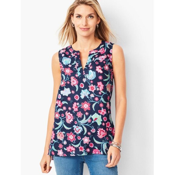 Talbots Summer Top Split Neck 100% Linen Floral Print Sleeveless Womens Size SP - Picture 1 of 7